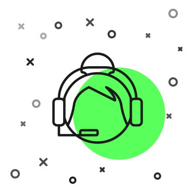 Beyaz arka planda izole edilmiş kulaklık simgesi olan siyah çizgi kadını. Destek operatörü hatta. Çağrı merkezi konsepti, müşteri destek servisi. Vektör İllüstrasyonu