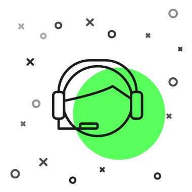 Beyaz arkaplanda izole edilmiş bir kulaklık simgesi olan siyah çizgi adamı. Destek operatörü hatta. Çağrı merkezi konsepti, müşteri destek servisi. Vektör İllüstrasyonu