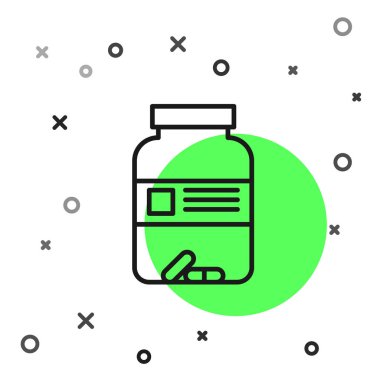 Siyah çizgi ilaç şişesi ve beyaz arka planda izole edilmiş hap ikonu. Şişe hapı işareti. Eczane tasarımı. Vektör İllüstrasyonu