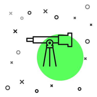 Siyah çizgi Teleskop simgesi beyaz arkaplanda izole edildi. Bilimsel bir alet. Eğitim ve astronomi elementi, dürbün ve çalışma yıldızları. Vektör İllüstrasyonu