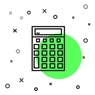 Siyah çizgi hesap makinesi simgesi beyaz arkaplanda izole edildi. Muhasebe sembolü. İş hesaplamaları matematik eğitimi ve finans. Vektör İllüstrasyonu