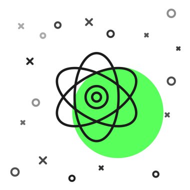 Siyah çizgi Atom simgesi beyaz arkaplanda izole edildi. Bilimin, eğitimin, nükleer fiziğin, bilimsel araştırmaların sembolü. Elektron ve proton işaretleri. Vektör İllüstrasyonu