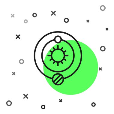 Siyah çizgi güneş sistemi simgesi beyaz arkaplanda izole edildi. Gezegenler yıldızın etrafında dönerler. Vektör İllüstrasyonu