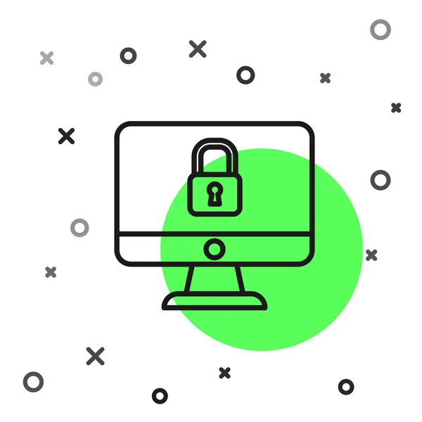 Zwarte Lijn Lock Computer Monitor Scherm Pictogram Geïsoleerd Witte Achtergrond — Stockvector