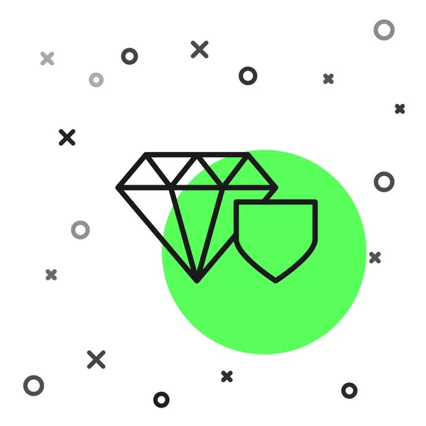 Diamante Línea Negra Con Icono Escudo Aislado Sobre Fondo Blanco — Vector de stock