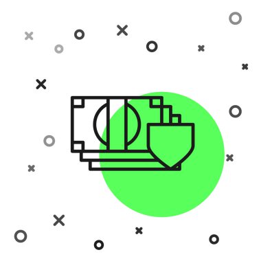 Siyah çizgi Para beyaz arka planda izole kalkan simgesi ile. Sigorta konsepti. Güvenlik, güvenlik, koruma, konsept koruma. Vektör İllüstrasyonu