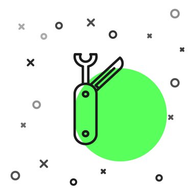 Beyaz arka planda siyah çizgili İsviçre çakısı ikonu var. Çoklu alet, çok amaçlı çakı. Çok fonksiyonlu bir alet. Vektör İllüstrasyonu