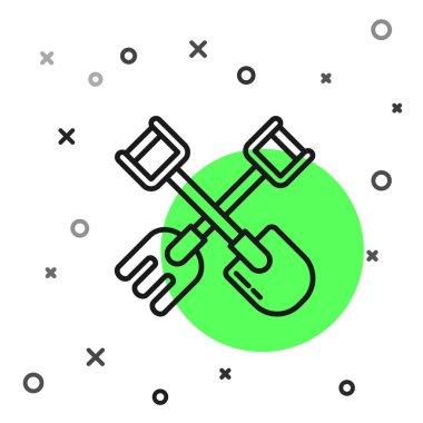 Siyah çizgi kürek ve tırmık simgesi beyaz arkaplanda izole edildi. Bahçecilik, tarım, bahçıvanlık, çiftçilik aletleri. Toprak işçisi. Vektör İllüstrasyonu