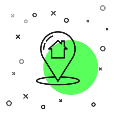 Beyaz zemin üzerinde ev simgesi olan siyah çizgi haritası işaretçisi. Ev konumu belirleyici sembol. Vektör İllüstrasyonu