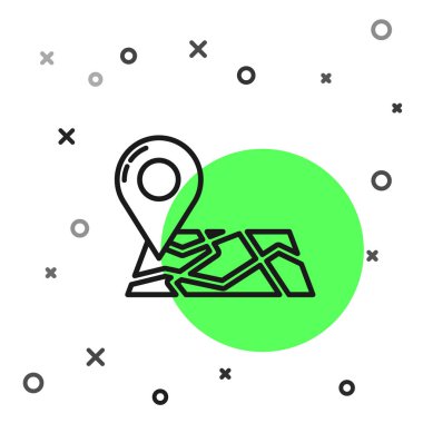 Siyah çizgi haritası beyaz arkaplanda izole edilmiş konum simgesi simgesi ile birlikte. Vektör İllüstrasyonu