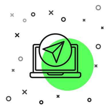 Şehir haritası yön bulma simgesinin siyah çizgi bilgileri beyaz arkaplanda izole edildi. Laptop Uygulama Arayüzü tasarımı. Coğrafi konsept. Vektör İllüstrasyonu