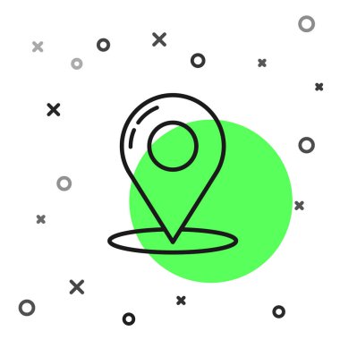 Siyah çizgi Harita pin simgesi beyaz arka planda yalıtılmış. Navigasyon, işaretçi, yer, harita, gps, yön, yer, pusula, iletişim, arama konsepti. Vektör İllüstrasyonu