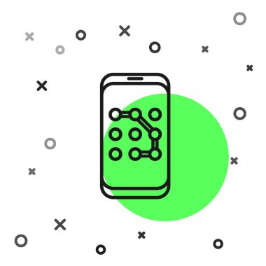 Siyah çizgi cep telefonu ve beyaz arkaplanda izole edilmiş grafik şifre koruma simgesi. Güvenlik, güvenlik, kişisel erişim, kullanıcı yetkisi. Vektör İllüstrasyonu