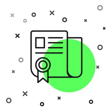 Beyaz arkaplanda siyah çizgi sertifika şablon simgesi izole edildi. Başarı, ödül, diploma, burs, diploma. İş başarısı sertifikası Vektör İllüstrasyonu