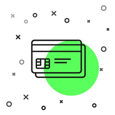 Siyah çizgi kredi kartı simgesi beyaz arkaplanda izole edildi. Çevrimiçi ödeme. Nakit çekilmesi. Finansal operasyonlar. Alışveriş tabelası. Vektör İllüstrasyonu