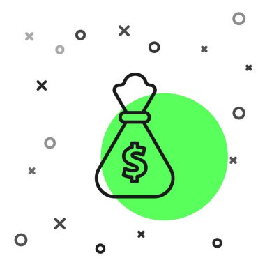 Siyah çizgi Para çantası simgesi beyaz arka plan üzerinde izole. Dolar veya Usd sembolü. Nakit Bankacılık para birimi işareti. Vektör İllüstrasyonu