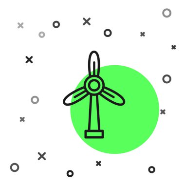 Siyah çizgi rüzgar türbini simgesi beyaz arkaplanda izole edildi. Rüzgar jeneratörü işareti. Elektrik üretimi için yel değirmeni. Vektör İllüstrasyonu