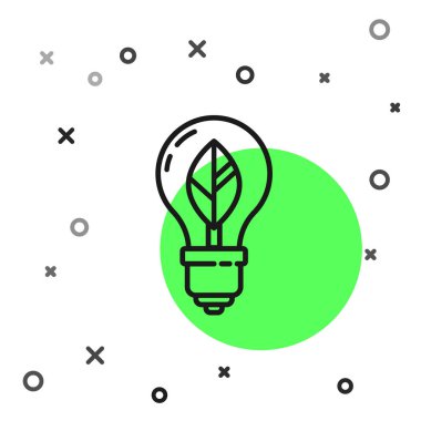 Beyaz zemin üzerinde yaprak simgesi olan siyah çizgi lambası. Çevre enerjisi kavramı. Alternatif enerji kavramı. Vektör İllüstrasyonu