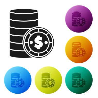 Beyaz arka planda dolar sembolü olan siyah kumarhane çipi. Kumarhane kumarı. Renkli daire düğmelerini ayarlayın. Vektör İllüstrasyonu