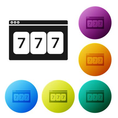 Beyaz arka planda izole edilmiş şanslı yedili büyük ikramiye ikonu olan Black Online slot makinesi. İnternetteki kumarhane. Renkli daire düğmelerini ayarlayın. Vektör İllüstrasyonu