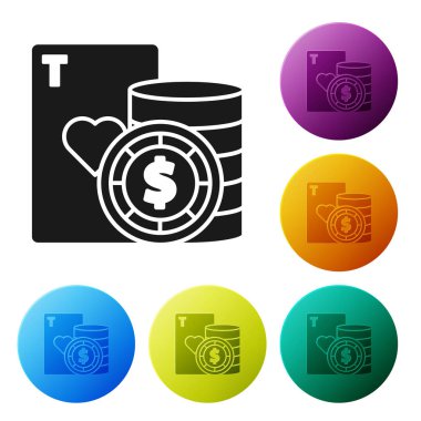 Siyah Kumarhane çipi ve beyaz arka planda izole edilmiş iskambil simgesi. Kumarhane pokeri. Renkli daire düğmelerini ayarlayın. Vektör İllüstrasyonu