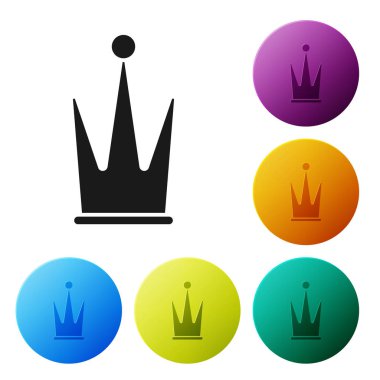 Siyah Crown simgesi beyaz arkaplanda izole edildi. Renkli daire düğmelerini ayarlayın. Vektör İllüstrasyonu
