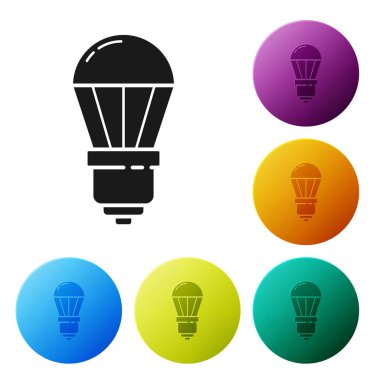 Siyah Led ampul simgesi beyaz arkaplanda izole edildi. Ekonomik Liderlik Ampulü. Enerji lambasını sakla. Renkli daire düğmelerini ayarlayın. Vektör İllüstrasyonu