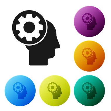 Beyaz arka plan üzerinde izole simgesi içinde dişli ile Siyah İnsan kafası. Yapay zeka. Beyin işaretini düşünmek. Beynin sembol çalışması. Simgeleri renkli daire düğmeleri ayarlayın. Vektör İllüstrasyonu