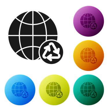 Black Planet dünya ve beyaz arka plan üzerinde izole bir geri dönüşüm simgesi. Çevre kavramı. Simgeleri renkli daire düğmeleri ayarlayın. Vektör İllüstrasyonu
