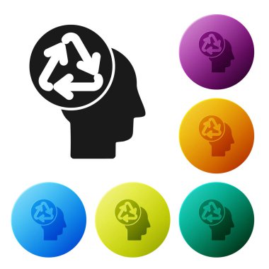 Siyah insan kafası beyaz arka planda izole edilmiş geri dönüşüm simgesine sahip. Geri dönüşüm düşüncesi. Ekoloji dostu. Renkli daire düğmelerini ayarlayın. Vektör İllüstrasyonu