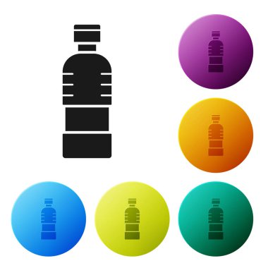 Beyaz arka planda izole su simgesi siyah şişe. Soda su içeceği işareti. Simgeler renkli daire düğmelerini ayarlayın. Vektör Illustration