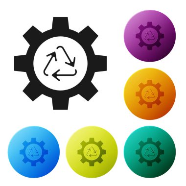 Siyah Geri Dönüşüm sembolü ve vites simgesi beyaz arkaplanda izole edilmiş. Dairesel ok simgesi. Çevre geri dönüşümü yeşile döner. Renkli daire düğmelerini ayarlayın. Vektör İllüstrasyonu