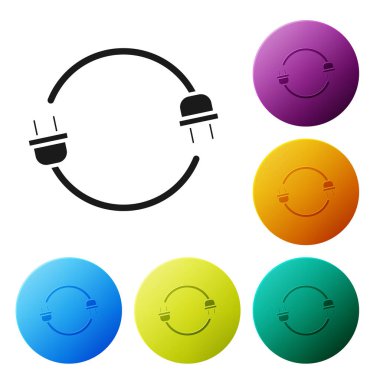 Beyaz arkaplanda siyah elektrik prizi simgesi izole edildi. Bağlantı kavramı ve elektriğin kesilmesi. Renkli daire düğmelerini ayarlayın. Vektör İllüstrasyonu