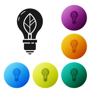 Beyaz arkaplanda yaprak simgesi olan siyah ampul. Çevre enerjisi kavramı. Alternatif enerji kavramı. Renkli daire düğmelerini ayarlayın. Vektör İllüstrasyonu
