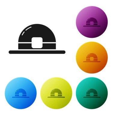 Siyah leprikon şapka simgesi beyaz arkaplanda izole edildi. Aziz Patrick gününüz kutlu olsun. Renkli daire düğmelerini ayarlayın. Vektör İllüstrasyonu