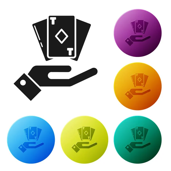 Black Hand holding deck of playing cards icon isolated on white background. Casino gambling. Set icons colorful circle buttons. Vector Illustration — Stock Vector