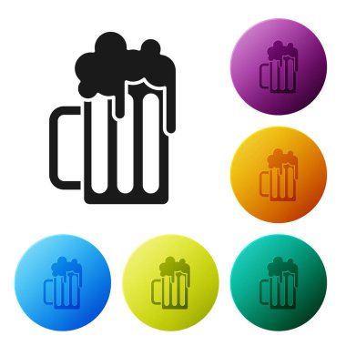 Siyah Ahşap bira kupa simgesi beyaz arka plan üzerinde izole. Simgeleri renkli daire düğmeleri ayarlayın. Vektör İllüstrasyonu