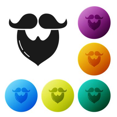 Siyah Bıyık ve sakal simgesi beyaz arka plan üzerinde izole. Berber dükkanı sembolü. Yüz saç stili. Simgeleri renkli daire düğmeleri ayarlayın. Vektör İllüstrasyonu