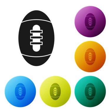 Siyah Amerikan futbol topu simgesi beyaz arka planda izole. Rugby topu simgesi. Takım spor oyunu sembolü. Simgeler renkli daire düğmelerini ayarlayın. Vektör Illustration