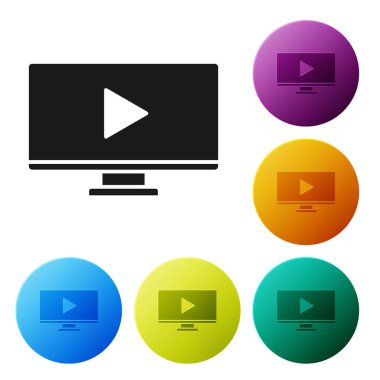Siyah Online video oynatma simgesi beyaz arkaplanda izole edildi. Bilgisayar monitörü ve oyun işaretli film şeridi. Renkli daire düğmelerini ayarlayın. Vektör İllüstrasyonu