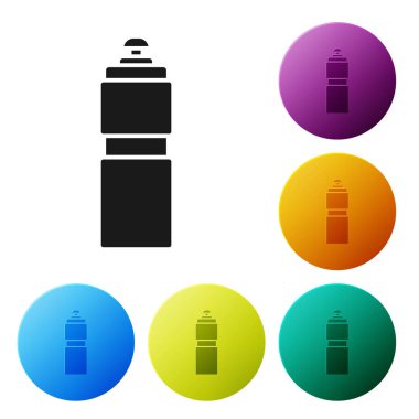 Beyaz arkaplanda siyah fitness sallama simgesi izole edildi. Su ve protein kokteylleri için kapaklı spor karıştırıcı şişesi. Renkli daire düğmelerini ayarlayın. Vektör İllüstrasyonu