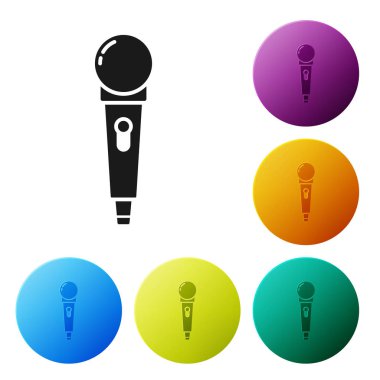 Beyaz arkaplanda siyah mikrofon simgesi izole edildi. Radyodaki mikrofondan. Sözcü işareti. Renkli daire düğmelerini ayarlayın. Vektör İllüstrasyonu