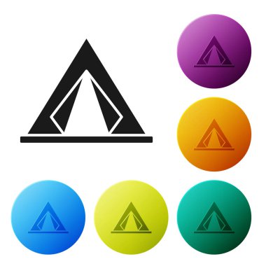 Siyah turist çadır simgesi beyaz arka planda izole. Kamp sembolü. Simgeler renkli daire düğmelerini ayarlayın. Vektör Illustration