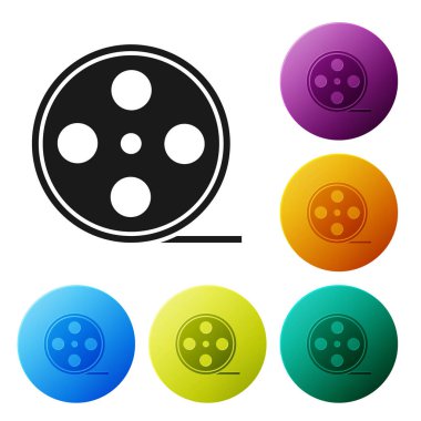 Siyah Film makarası simgesi beyaz arkaplanda izole edildi. Renkli daire düğmelerini ayarlayın. Vektör İllüstrasyonu