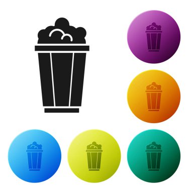 Siyah Popcorn karton kutu simgesi beyaz arka planda izole. Patlamış mısır kutusu. Simgeler renkli daire düğmelerini ayarlayın. Vektör Illustration