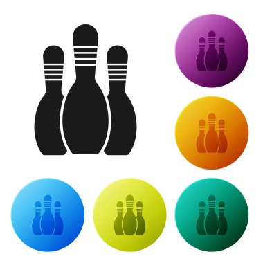 Siyah Bowling pin simgesi beyaz arkaplanda izole edildi. Renkli daire düğmelerini ayarlayın. Vektör İllüstrasyonu