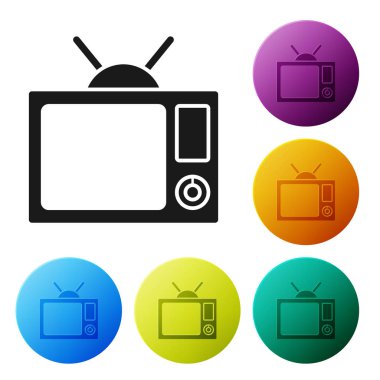 Beyaz arkaplanda siyah televizyon simgesi izole edildi. Televizyon tabelası. Renkli daire düğmelerini ayarlayın. Vektör İllüstrasyonu