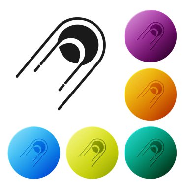 Siyah uydu simgesi beyaz arkaplanda izole edildi. Renkli daire düğmelerini ayarlayın. Vektör İllüstrasyonu