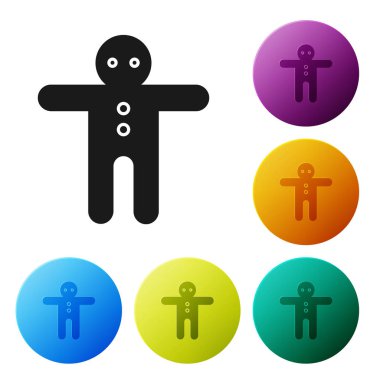 Beyaz arka planda siyah bayram zencefilli kurabiye ikonu. Kurabiye, insan şeklinde ve kremalı. Renkli daire düğmelerini ayarlayın. Vektör İllüstrasyonu