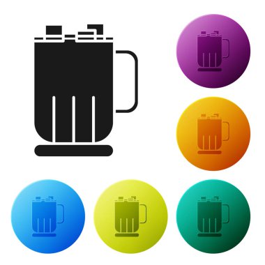 Beyaz arka planda izole edilmiş lokum ikonlu siyah sıcak çikolata bardağı. Mutlu Noeller ve mutlu yıllar. Renkli daire düğmelerini ayarlayın. Vektör İllüstrasyonu